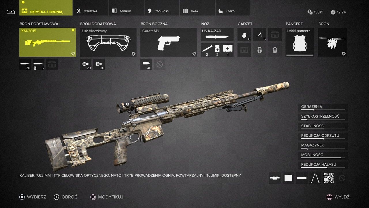 Sniper: Ghost Warrior 3 - menu broni i gadżetów