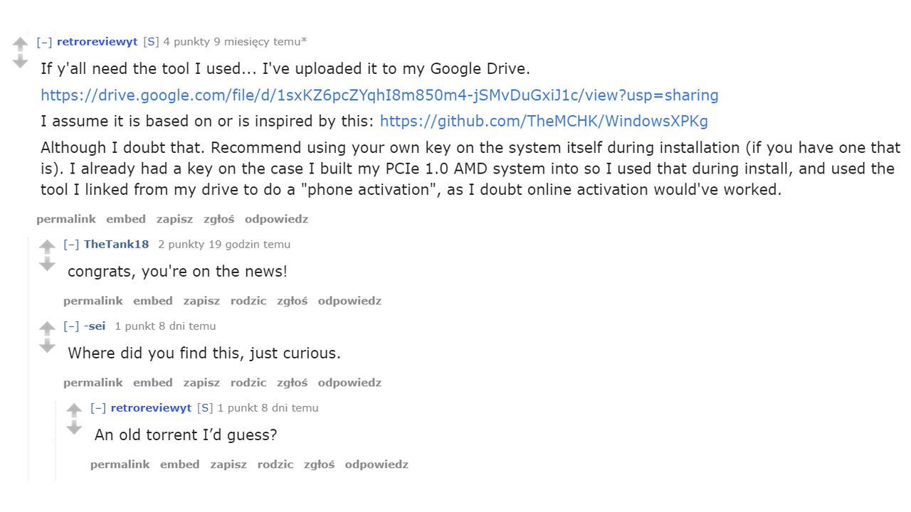 Reddit i temat aktywacji Windows XP