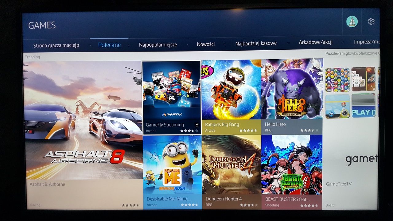 GameFly Streaming - menu aplikacji Smart TV