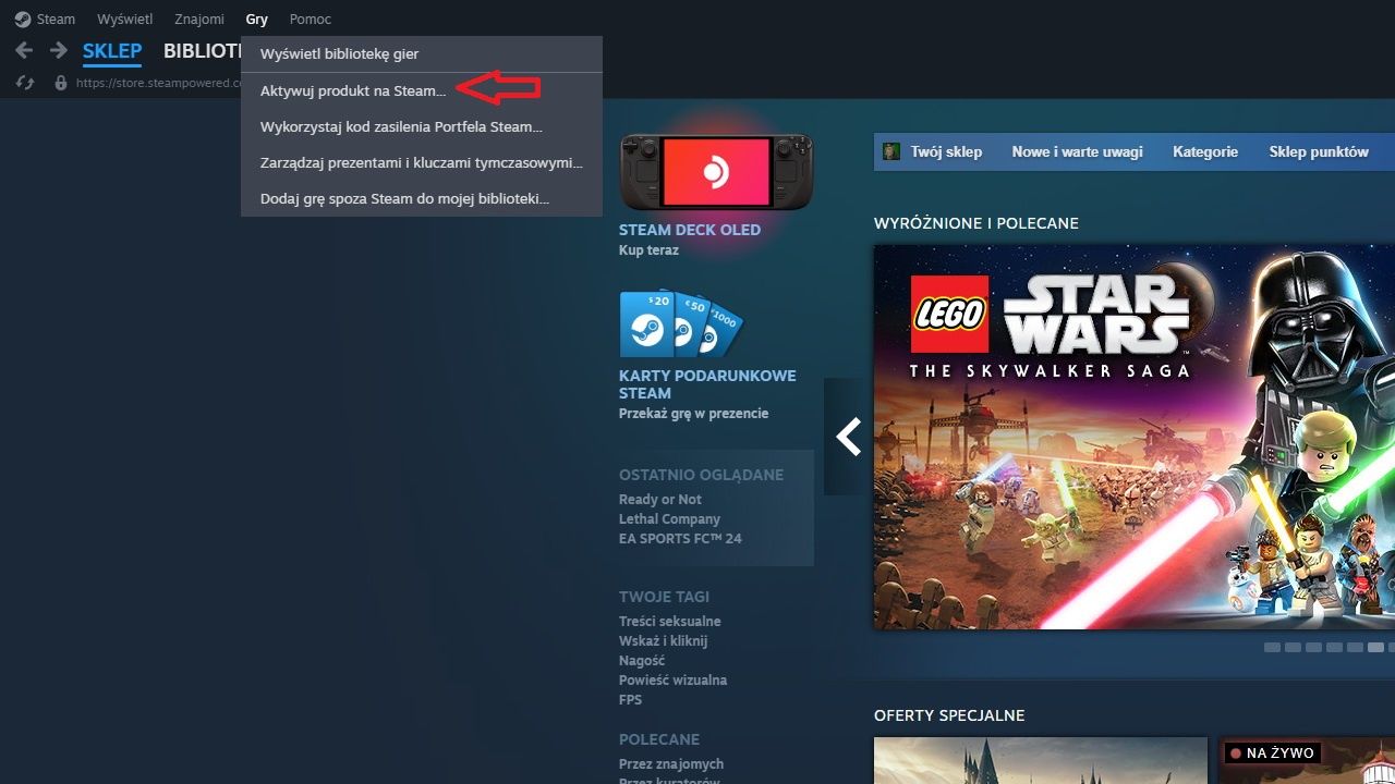 Aktywacja klucza na Steam w kliencie Steam