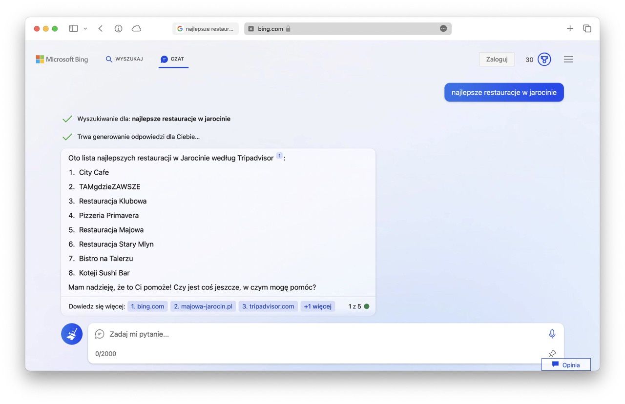 chatbot bing restauracje