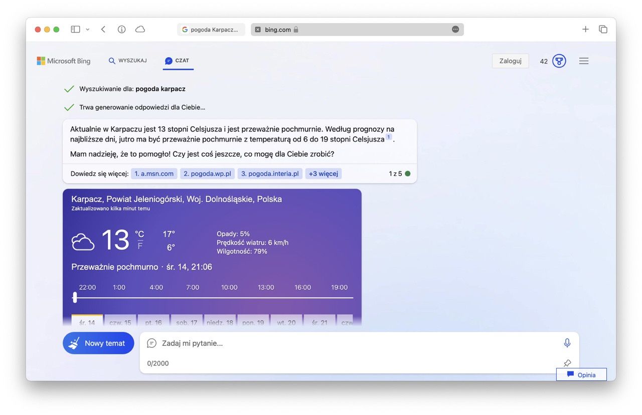 chatbot bing pogoda