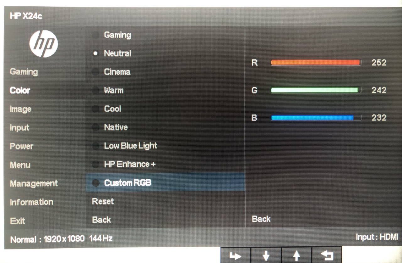 HP X24c - Menu OSD ustawienia kolorów