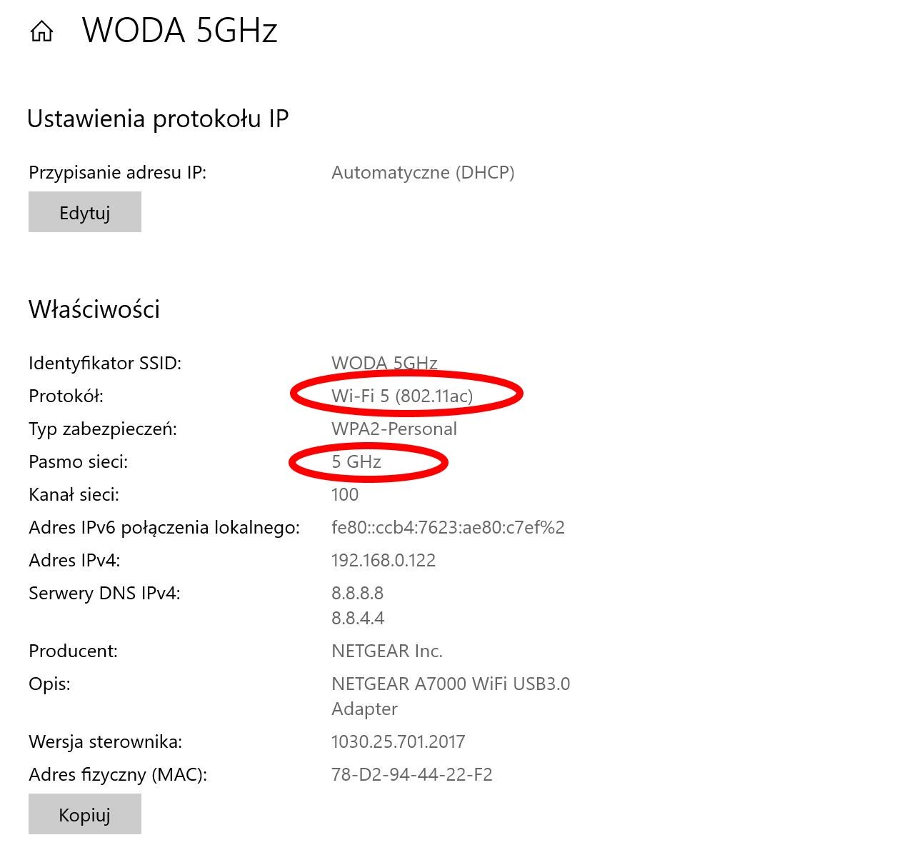 Właściwości połączenia Wi-Fi