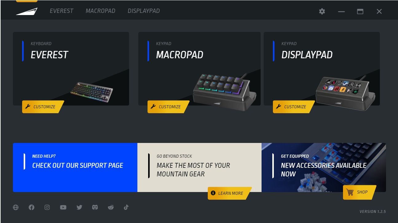 Mountain DisplayPad i MacroPad - widok z oprogramowania Base Camp