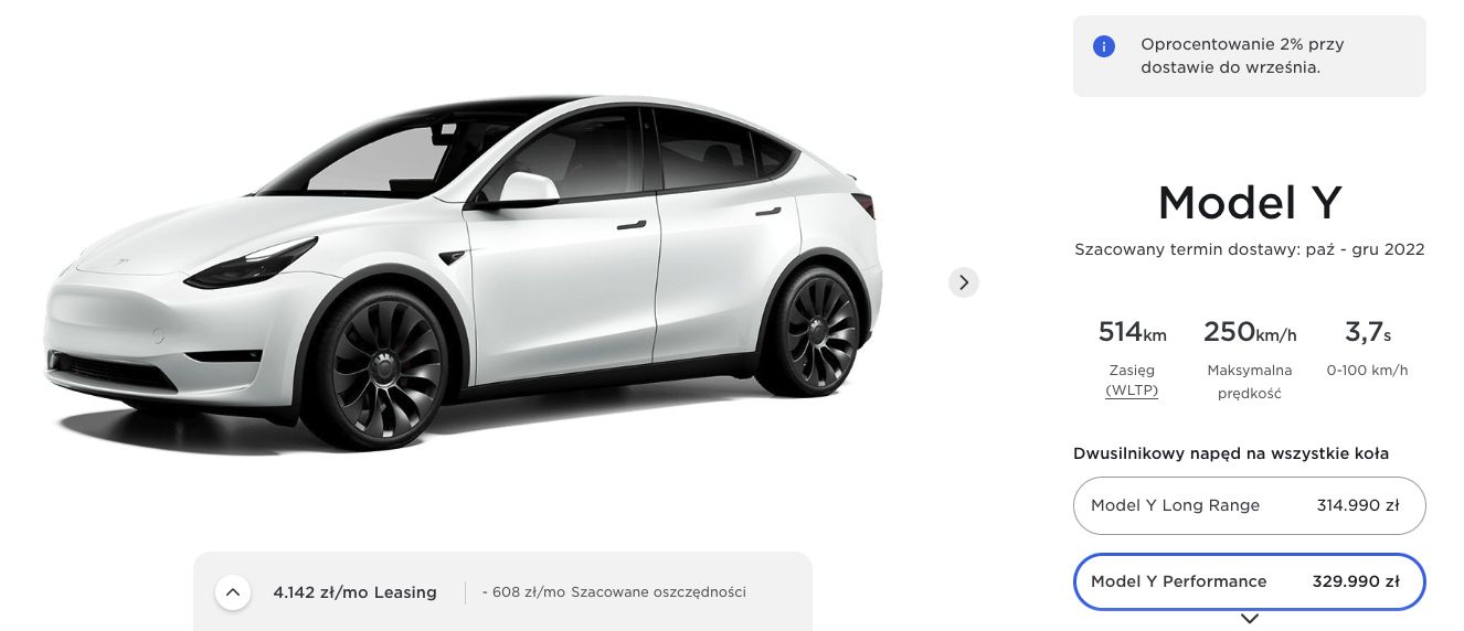 Tesla Model Y w polskim konfiguratorze