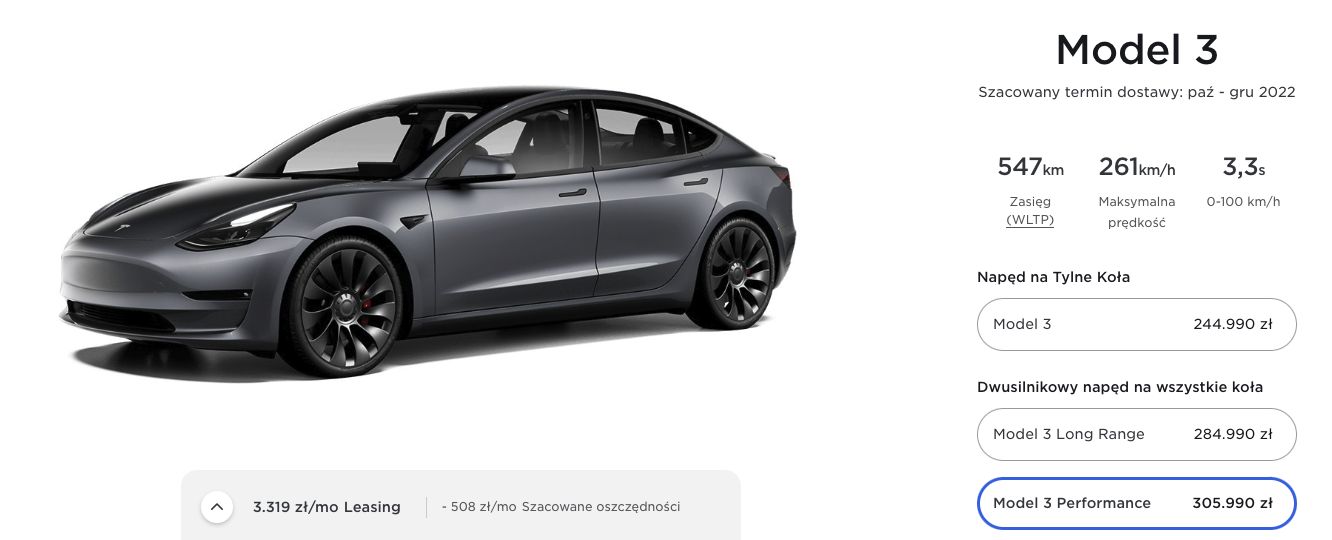 Tesla Model 3 w polskim konfiguratorze