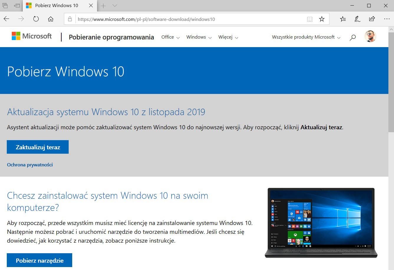 otwórz stronę pobierania Windows 10