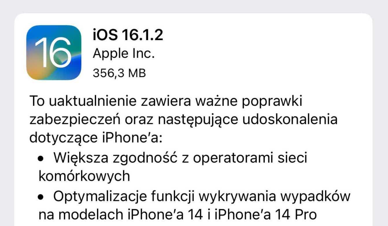 aktualizacja iOS 16