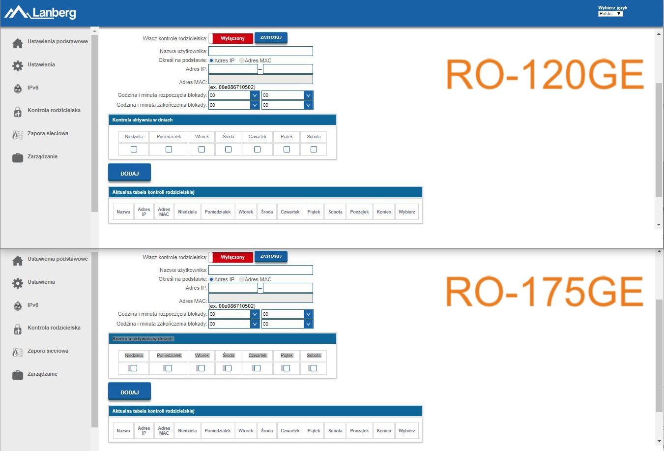 Menu kontroli rodzicielskiej w routerach Lanberg