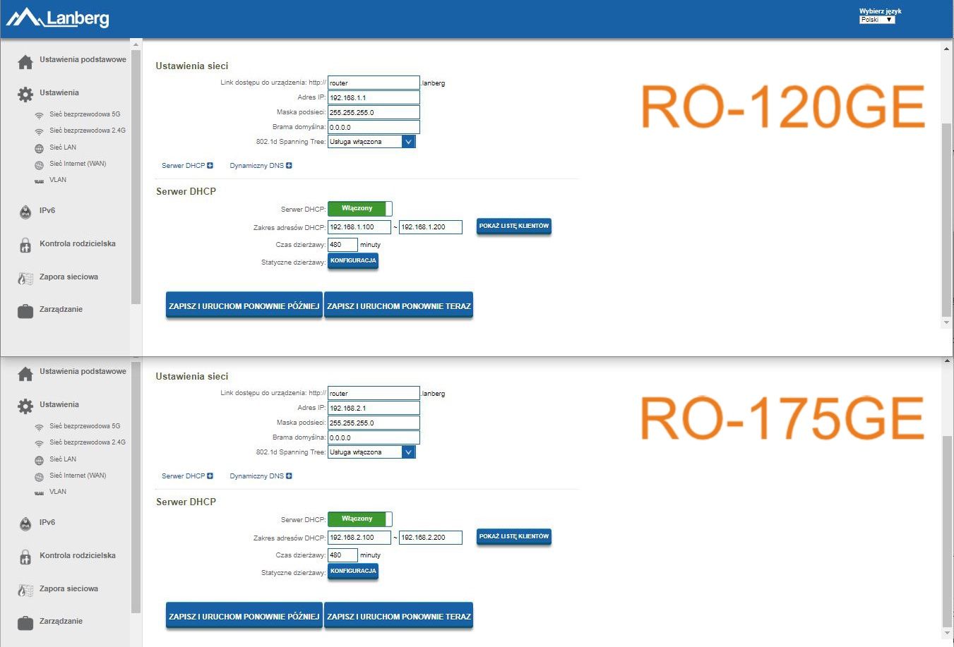 Menu sieci LAN w routerach Lanberg