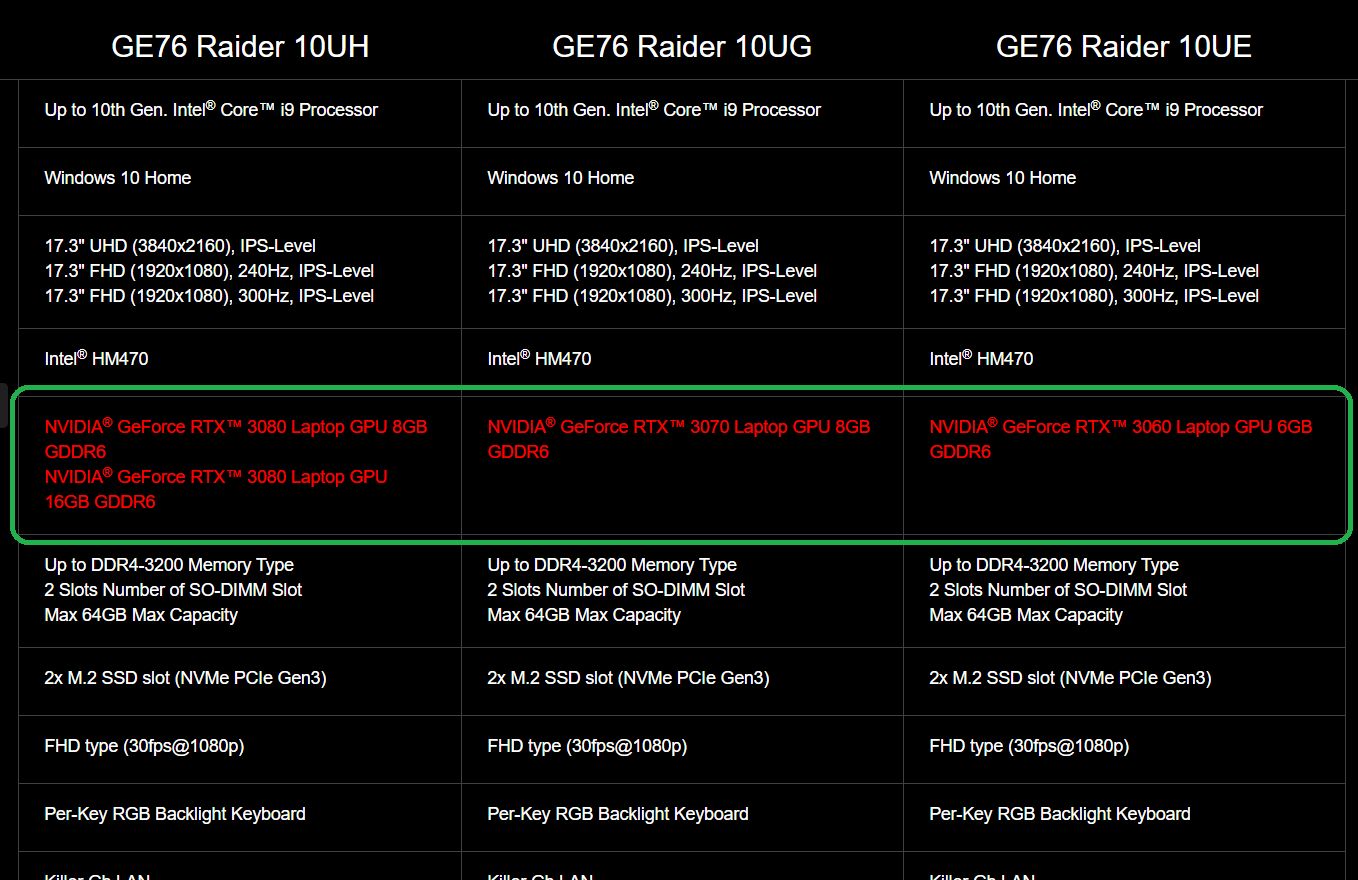 MSI GE76 Raider - zastosowana karta graficzna