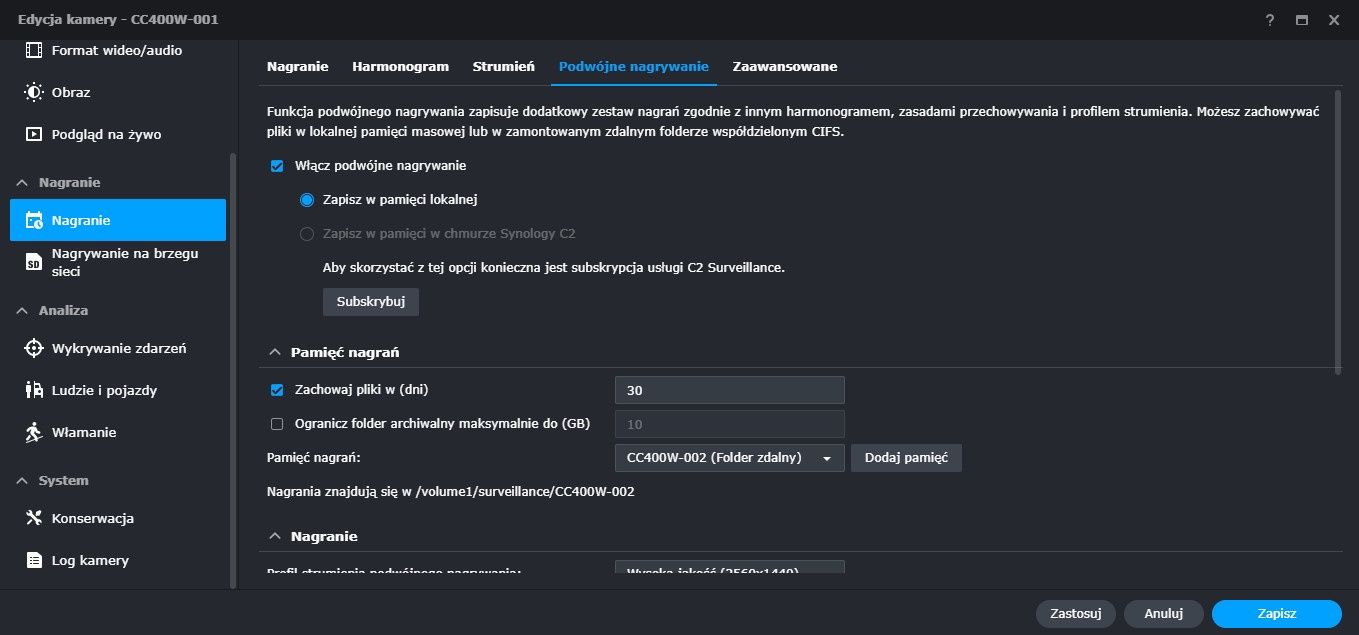 Synology CC400W - podwójne nagrywanie 1