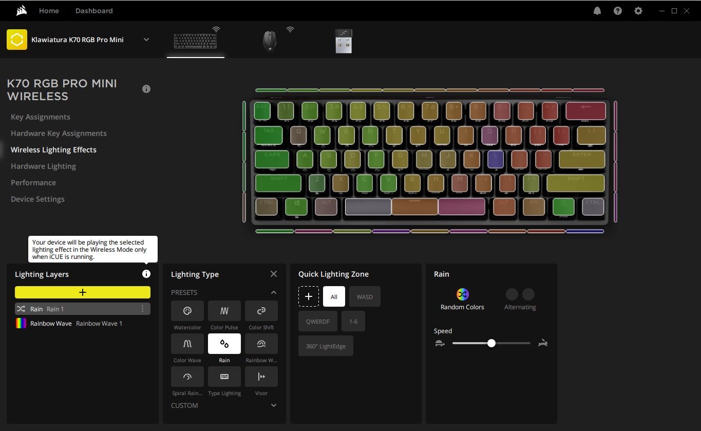 Corsair K70 RG Pro Mini Wireless -ustawienia podświetlenia
