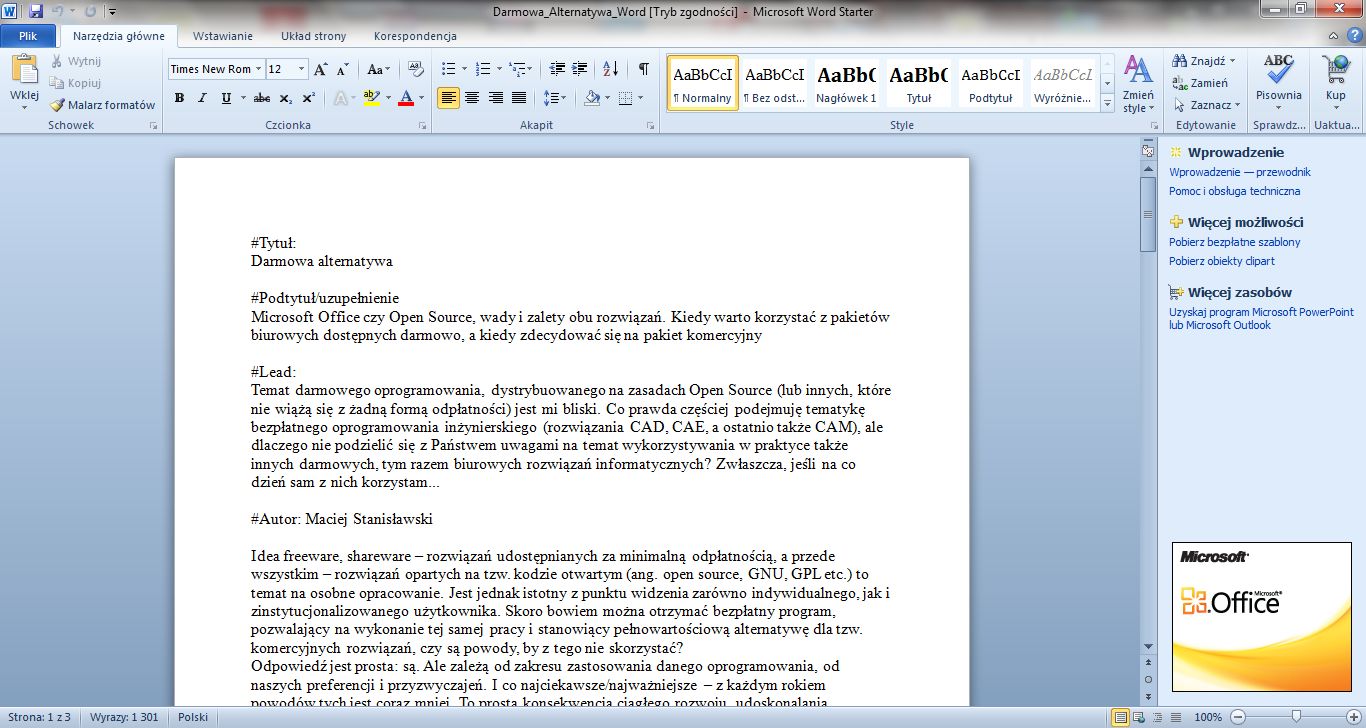 Dokument tekstowy redagowany w MS Word