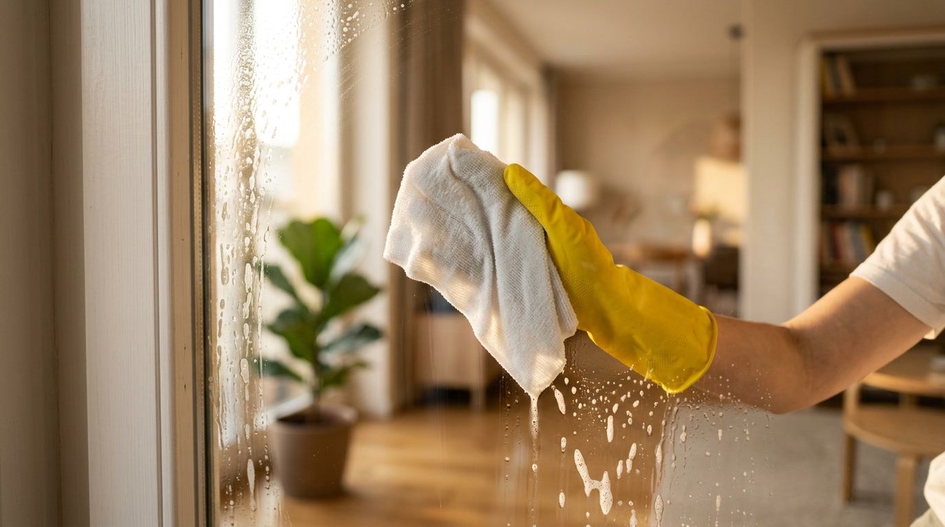 mycie okien ściereczką z mikrofibry, zacieki na szybie po myciu,