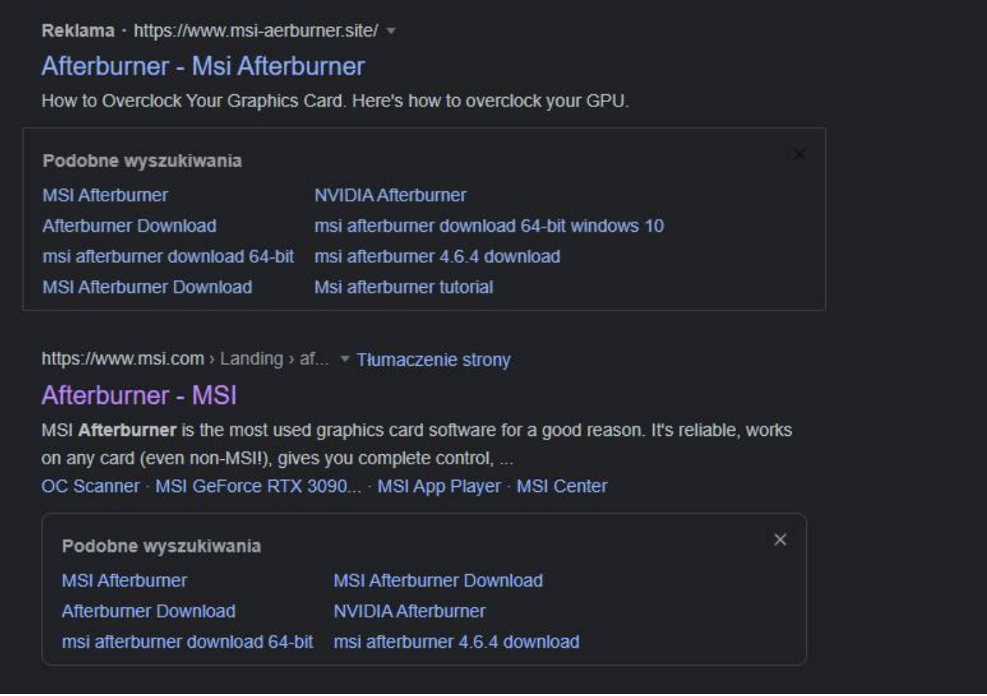 Google - reklama fałszywej strony MSi Afterburner
