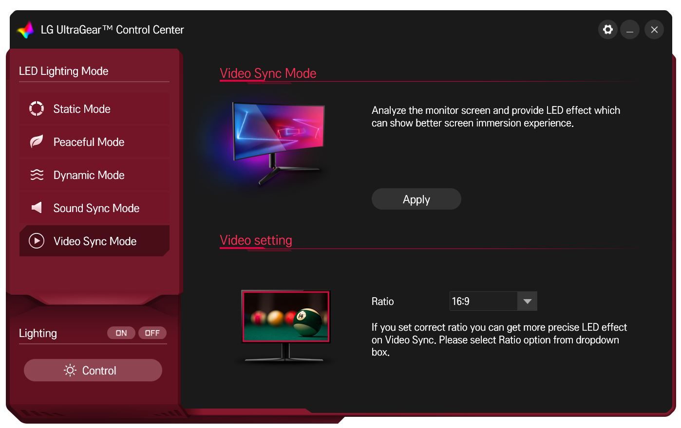 LG 27GN950-B - aplikacja UltraGear Control Center