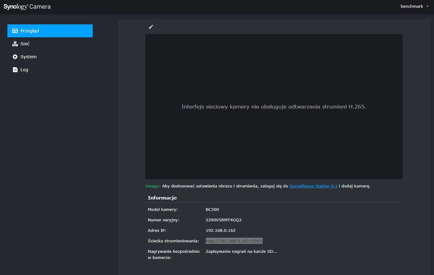 Synology BC500 - dostęp przez przeglądarkę