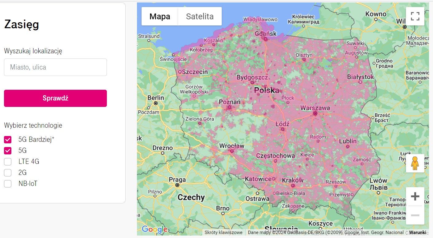 Mapa zasięgu 5G w T-Mobile Polska