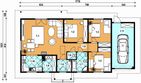 Projekt domu A-108 Dom chmielowa - z bali - rzut parteru, dom liczy 3 pokoje, 2 łazienki i wc
