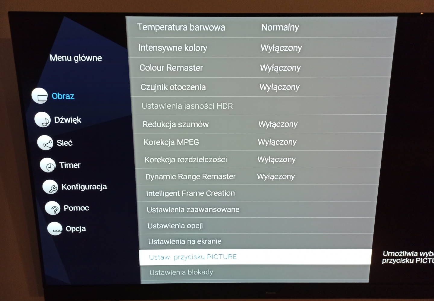 Panasonic TX-65HZ1500E - menu obrazu