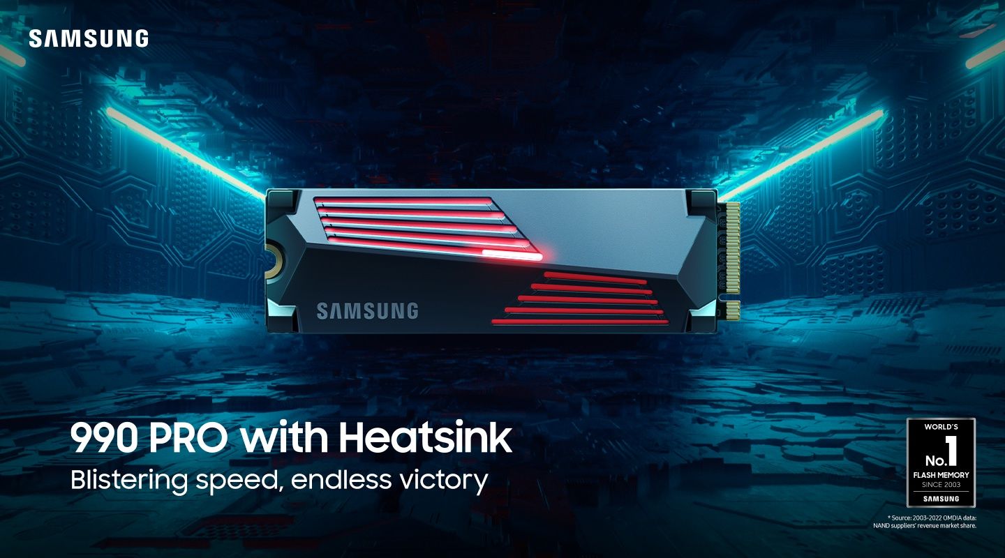 Grafika na które pokazany jest dysk M2 SSD Samsung 990 PRO Heatsink PCIe 4.0 NVMe™