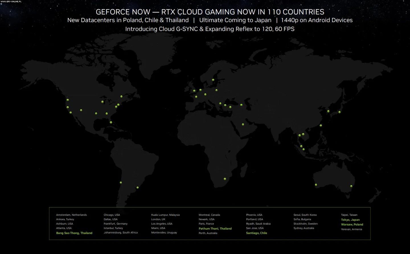 GeForce Now - mapa lokalizacji serwerów