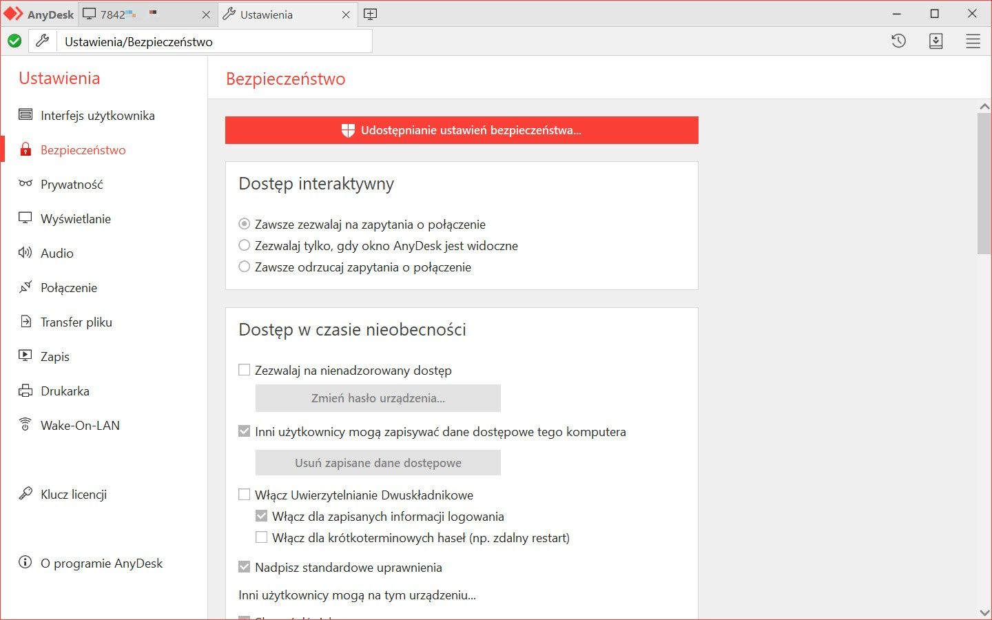 AnyDesk ustawienia