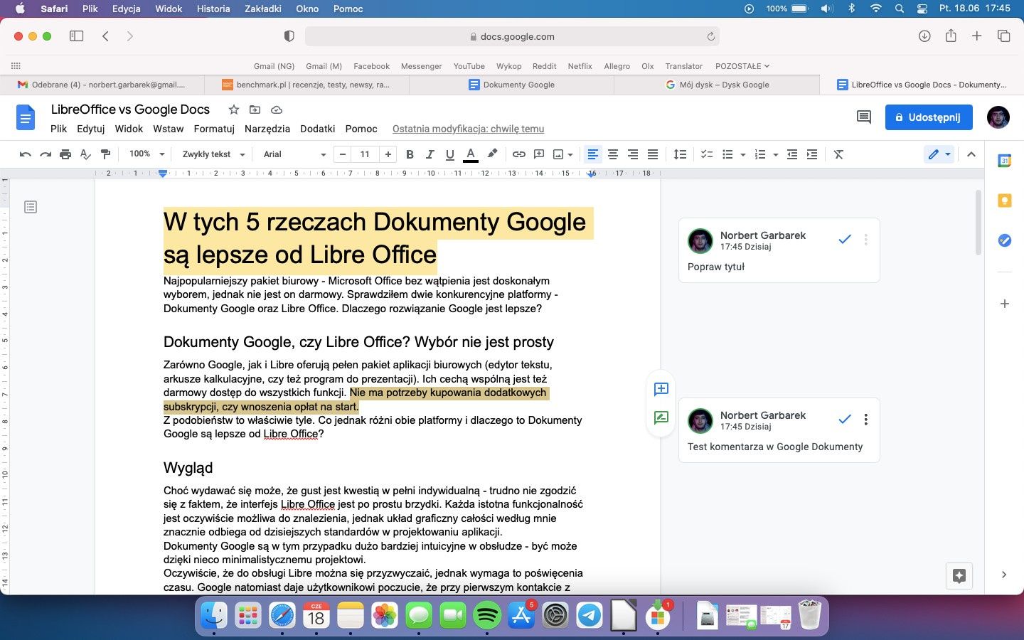 Dokumenty Google - komentarze
