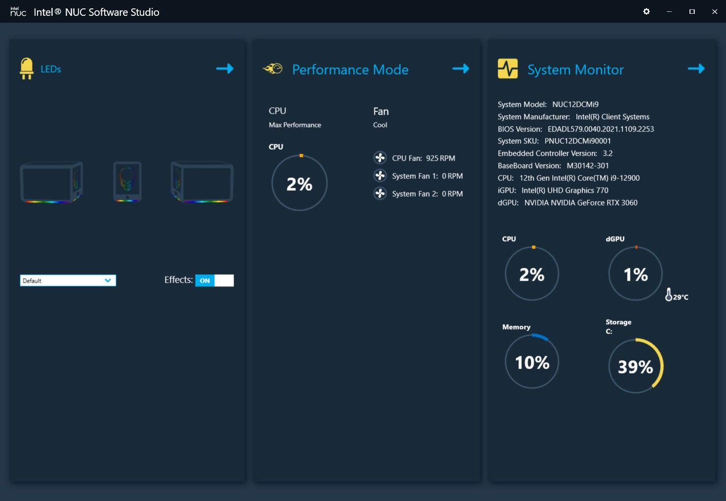 Intel NUC Extreme 12th - aplikacja - profile wydajności