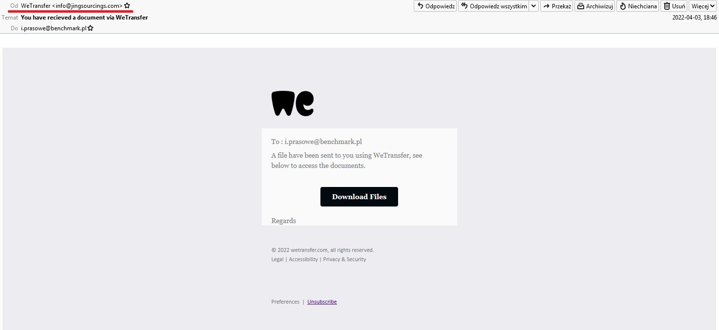 WeTransfer - fałszywy e-mail