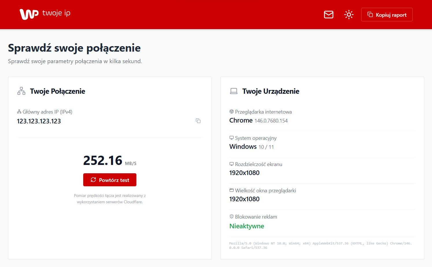 Serwis WP Twoje IP podaje podstawowe parametry łącza