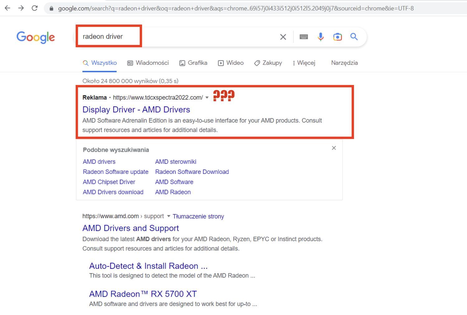 Wyszukiwarka Google - reklama prowadząca do fałszywej strony ze sterownikami do kart graficznych Radeon