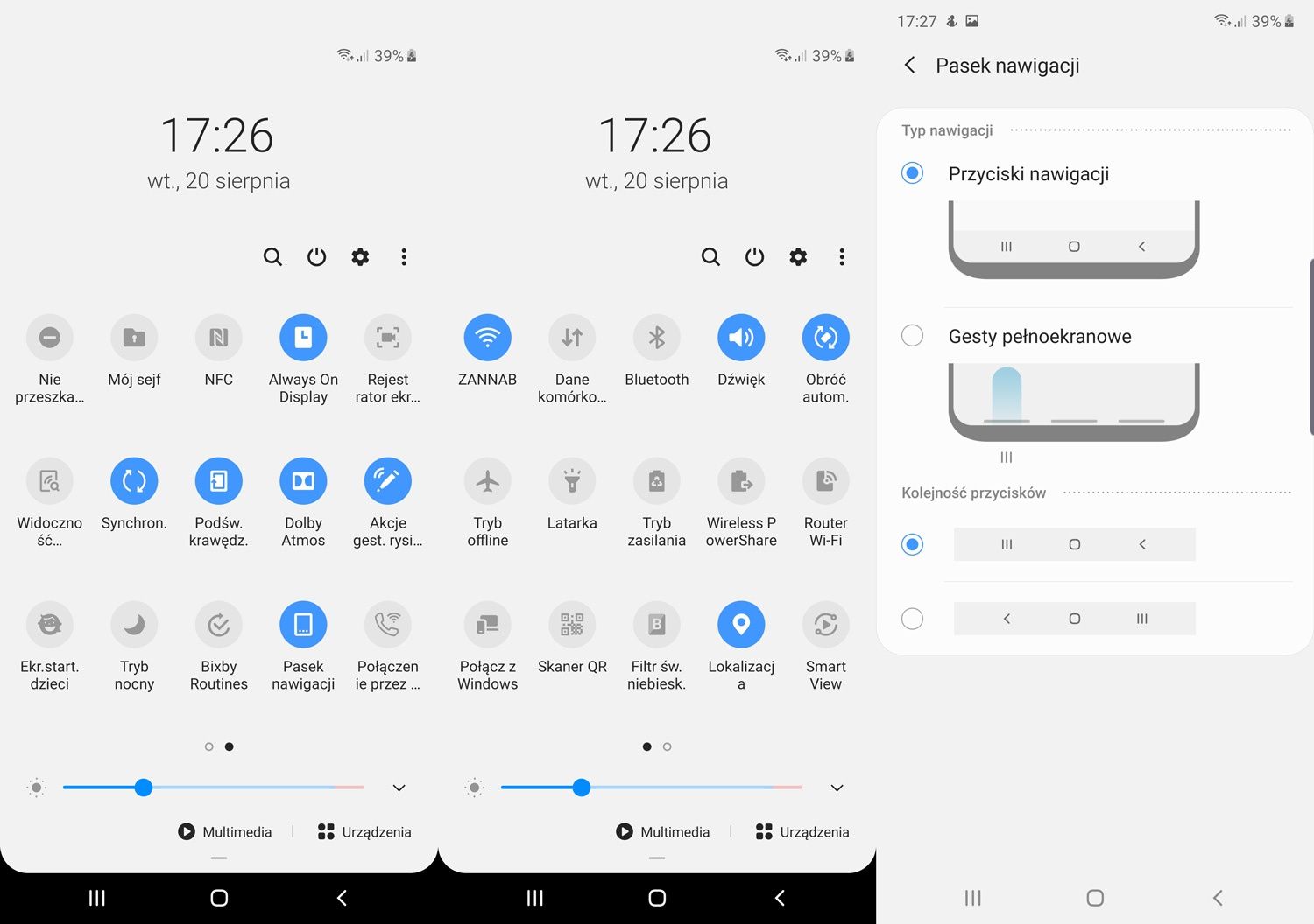 Samsung Galaxy Note 10+ szybkie menu, nawigacja przyciskowa