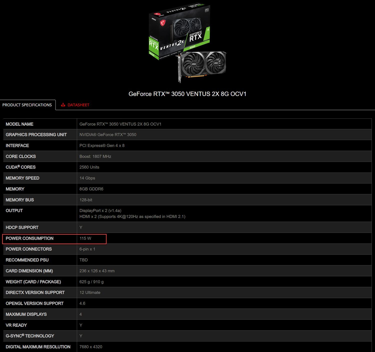 MSI GeForce RTX 3050 VENTUS 2X XS 8G OCV1