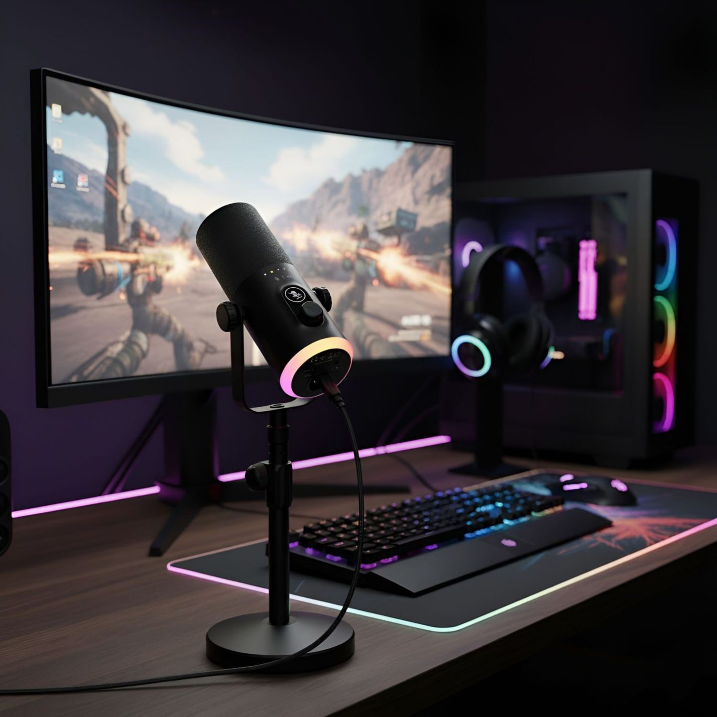 Mikrofon Mozos GM-ONE-BK ustawiony na biurkowym statywie, z widocznym złączem USB-C i XLR.