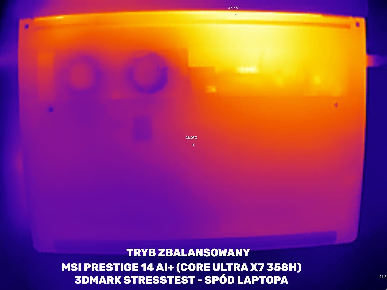 MSI Prestige 14 AI+ - temperatura od spodu - tryb balans