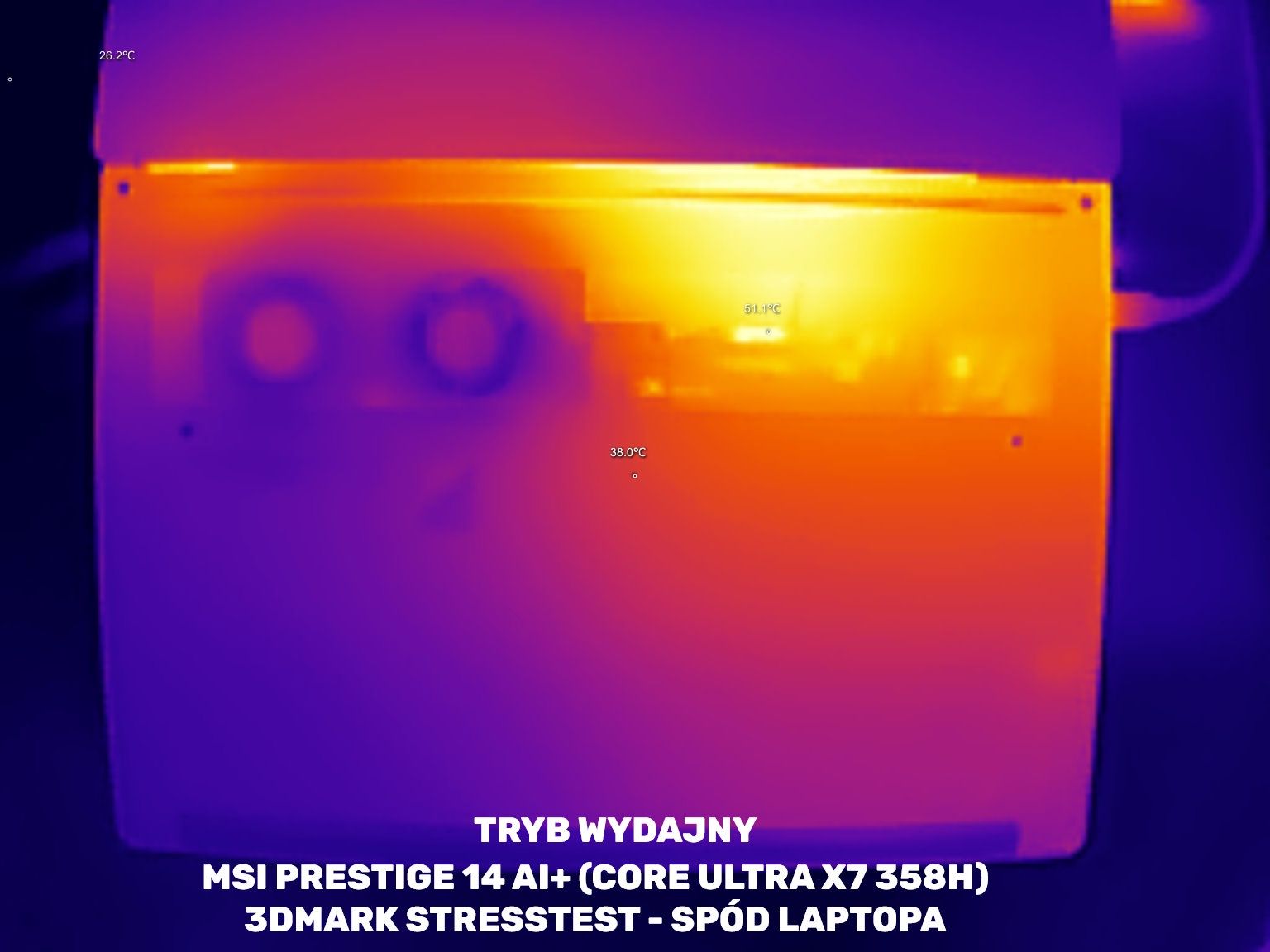MSI Prestige 14 AI+ - temperatura od spodu - tryb wydajność