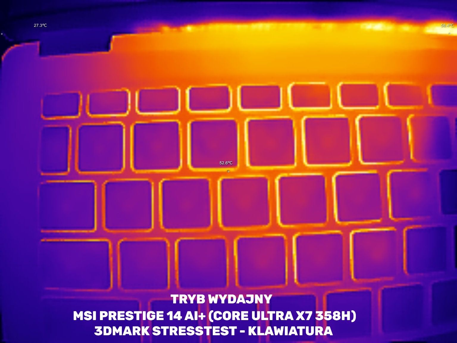 MSI Prestige 14 AI+ - temperatura klawiszy - tryb wydajność