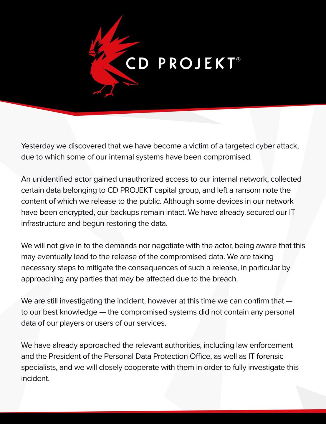 CD Projekt RED - oświadczenie o zhakowaniu