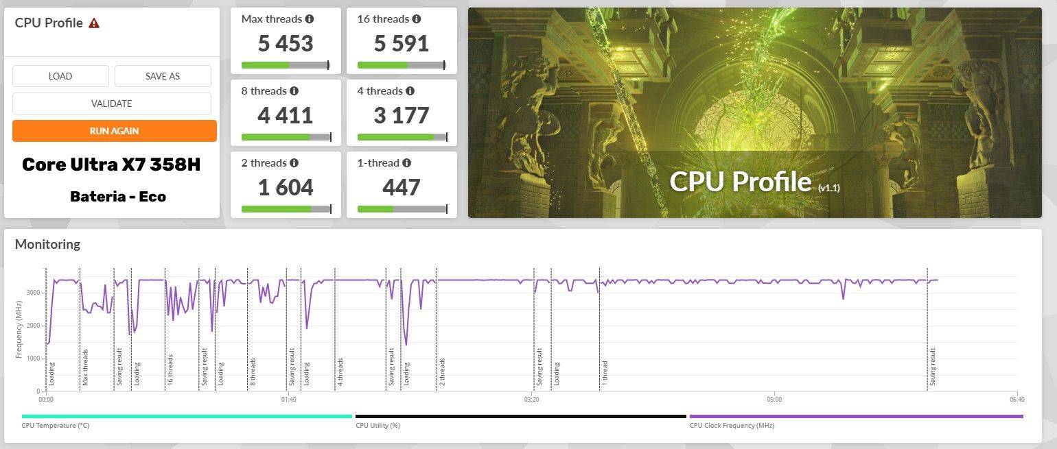 MSI Prestige 14 AI+ - 3DMark CPU Profile - tryb eco na baterii