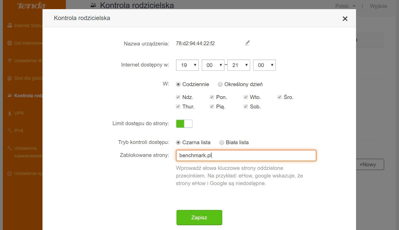 Tenda AC23 - panel konfiguracyjny - kontrola rodzicielska