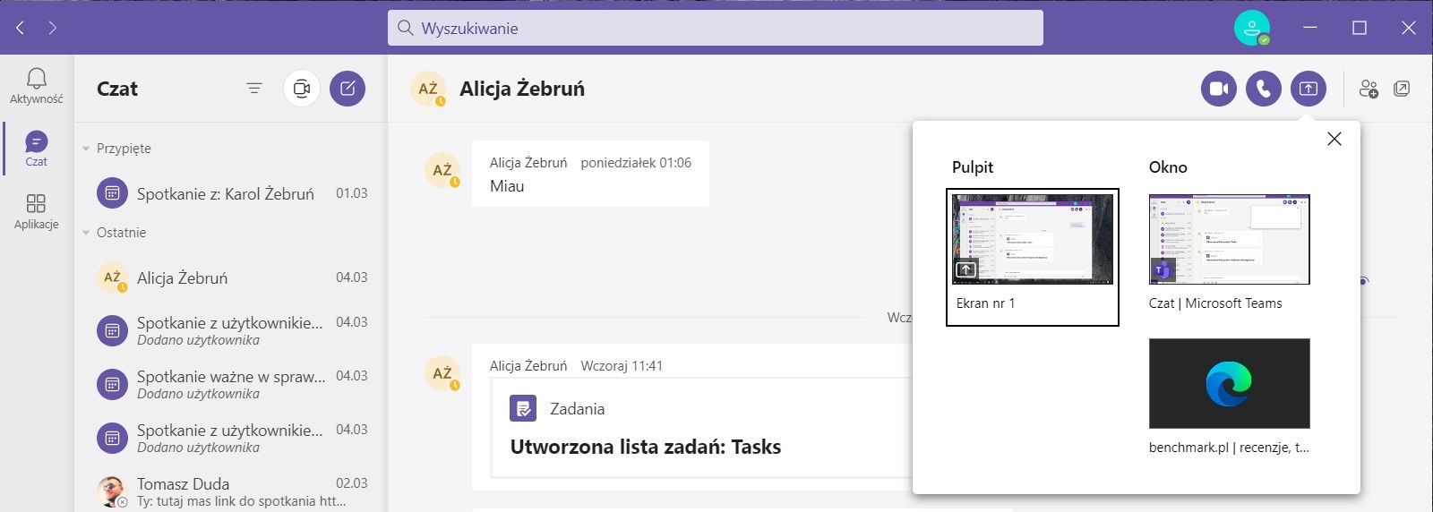 Microsoft Teams udostępnianie