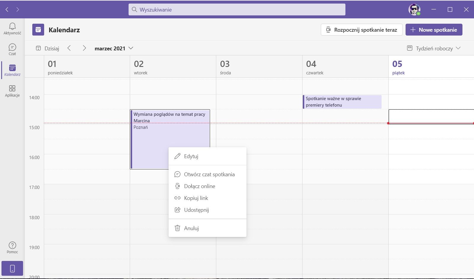 Microsoft Teams - kalendarz