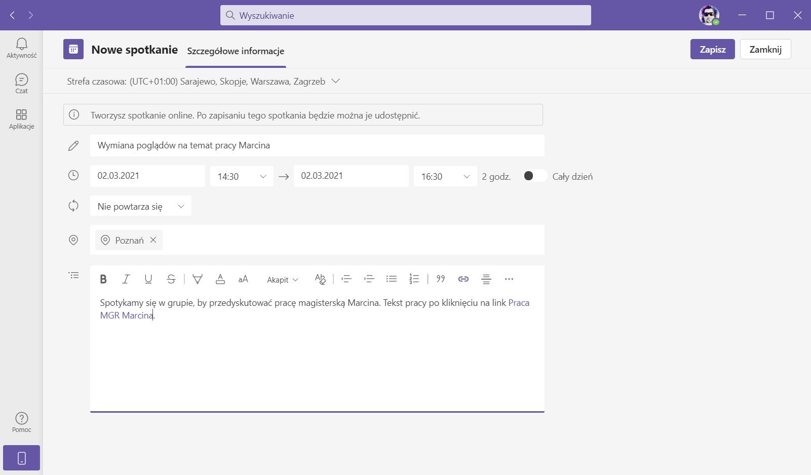 Microsoft Teams - spotkanie kalendarz