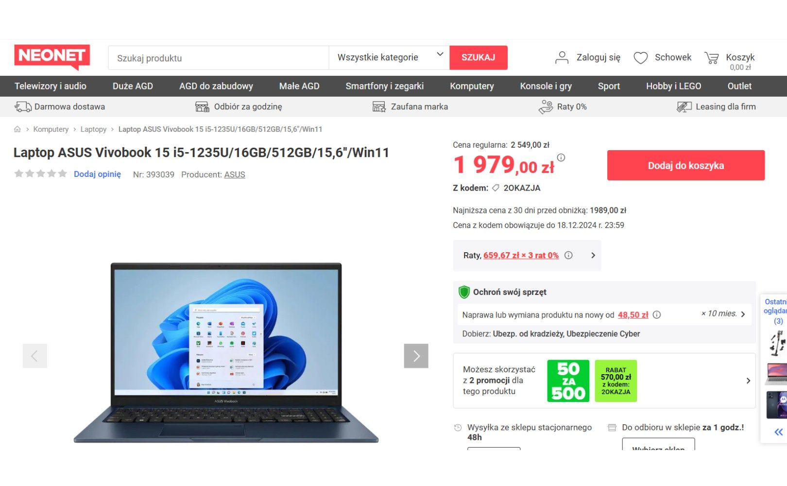 Laptop ASUS w promocji Neonet