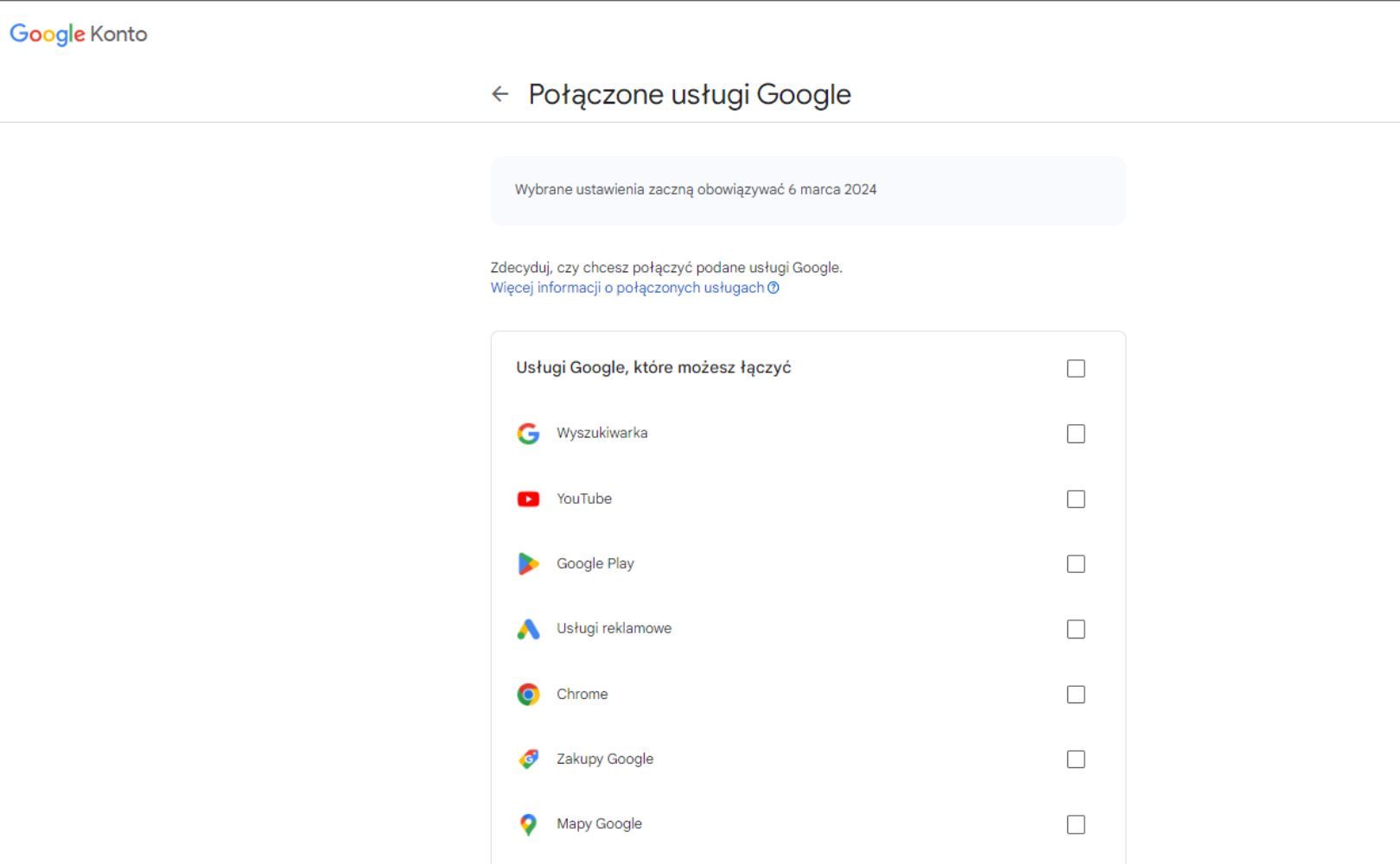 Wybierz usługi Google, które mają pozostać połączone