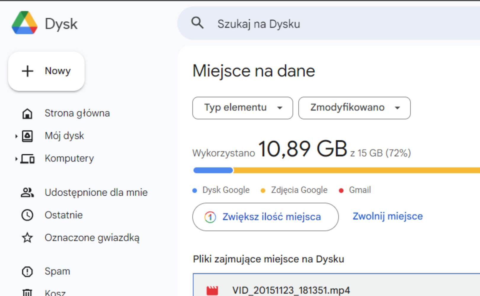 Zwolnienie miejsca z Dysku Google