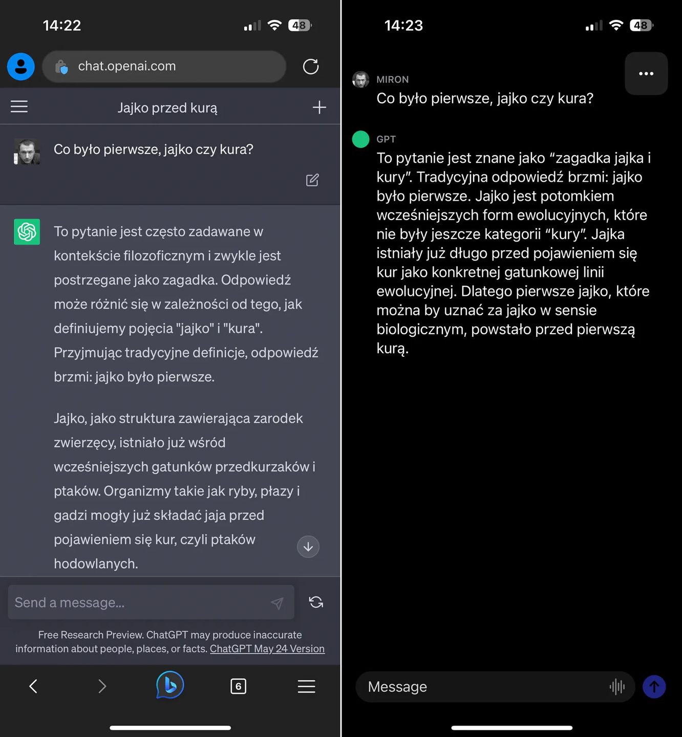 ChatGPT. Porównanie aplikacji dla systemu iOS z widokiem webowym, źródło: komorkomania.pl, M. Nurski